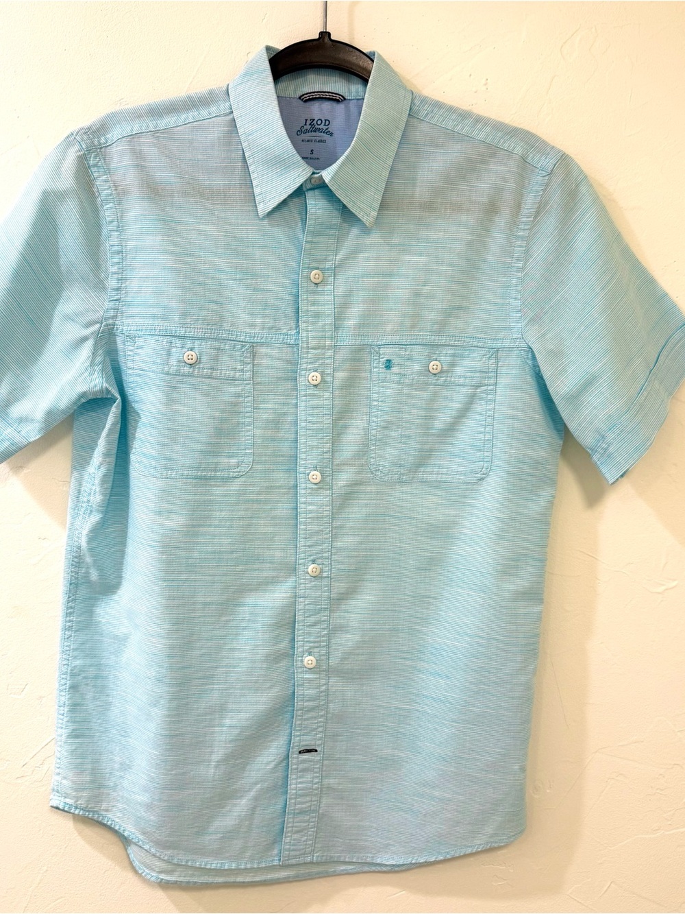 Izod Saltwater Style Size S Light Aqua Short-Sleeve Dockside Shirt